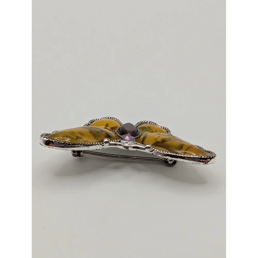 Butterfly Brooch Gold Tone Iridescent Enamel Purple Cabochon Rhinestone Accent